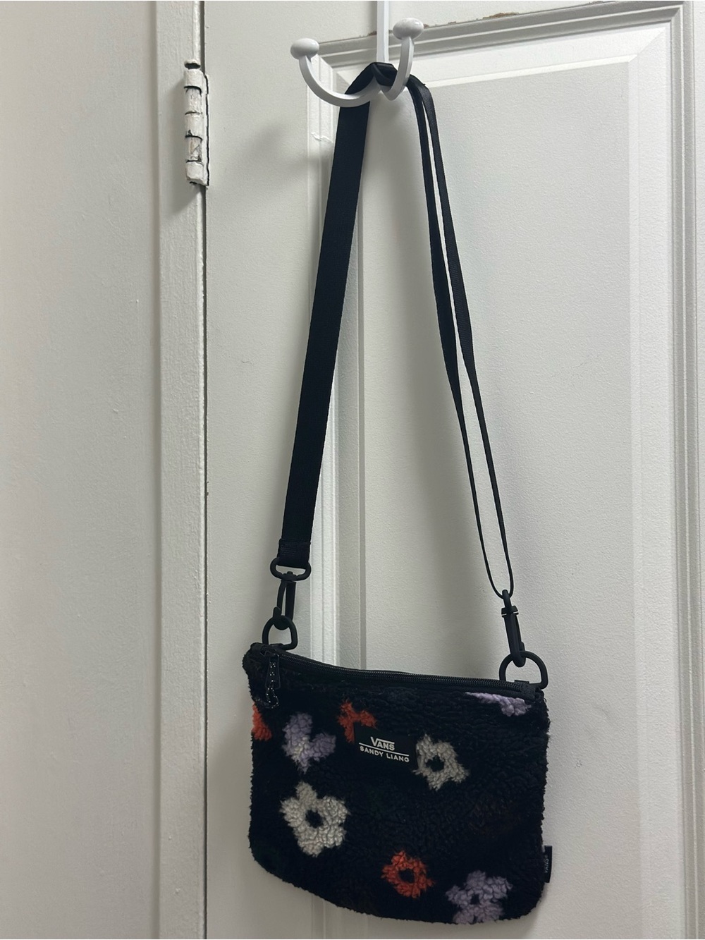 Vans Sandy Liang Black Sherpa Crossbody with Multicolor Floral Accents